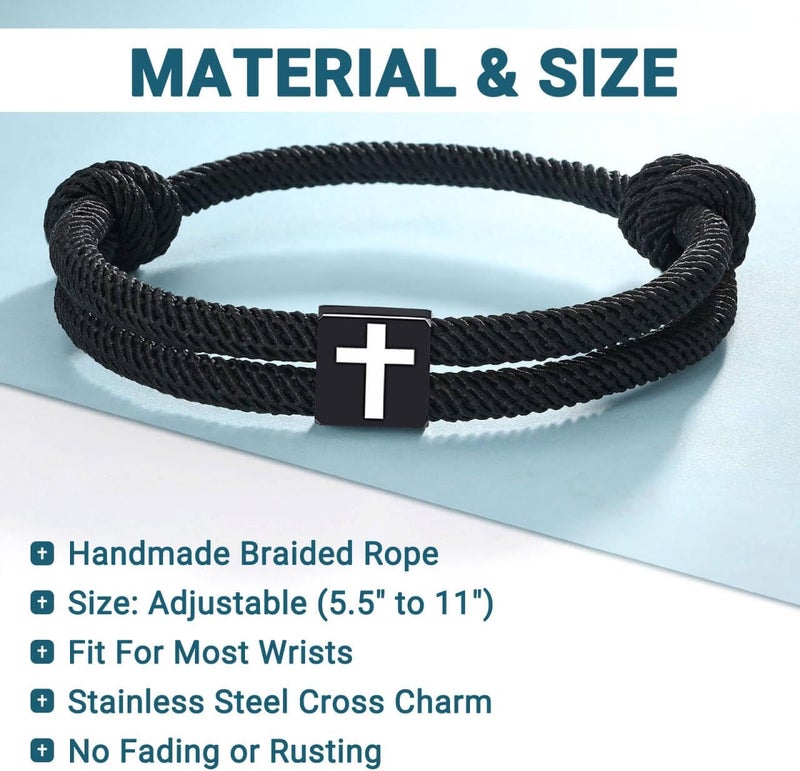 UNGENT THEM Men Adjustable Rope Cross Bracelet - Easter Christmas Christian Baptism Birthday Gifts for Teens - Image 3